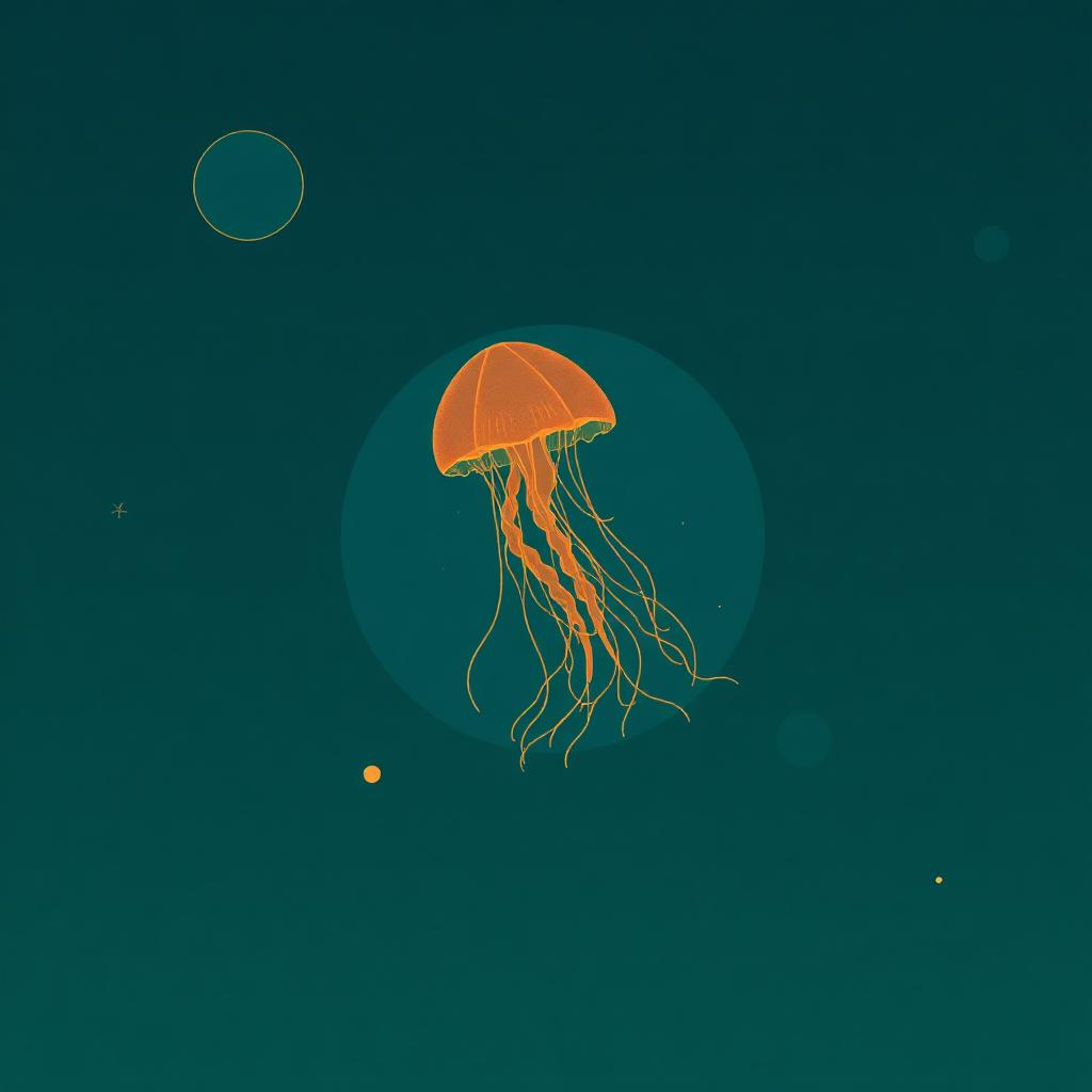 Minimal illustration of a single jellyfish drifting within concentric ripple circles
