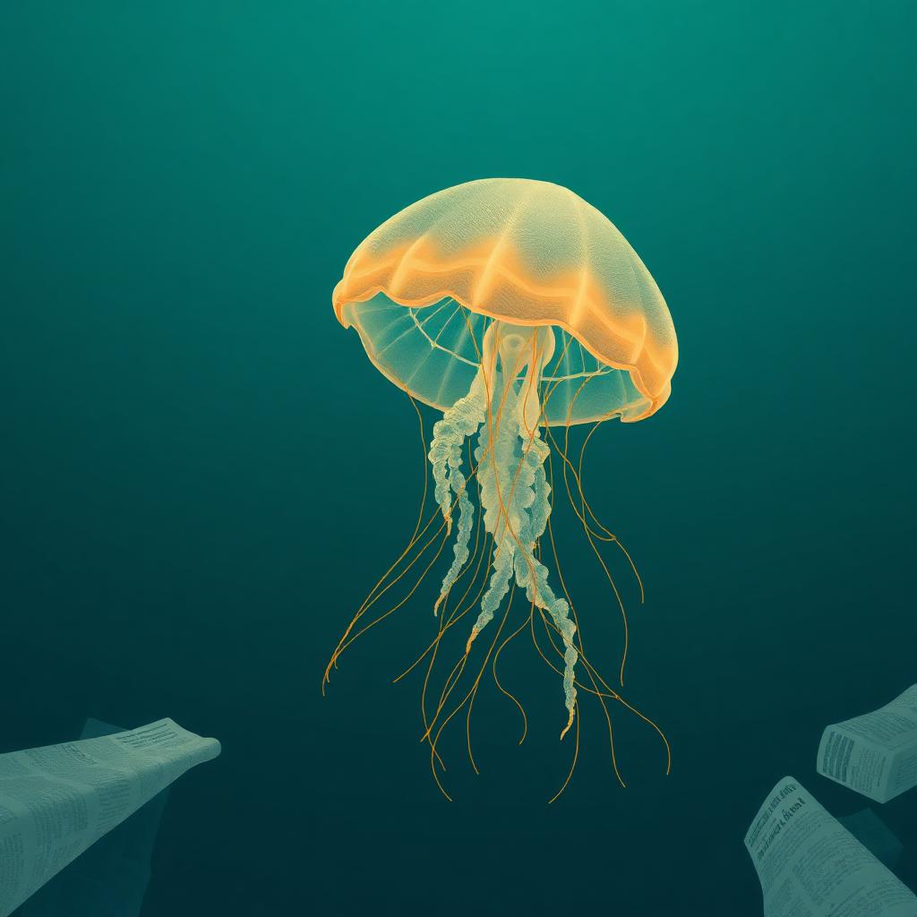 Illustration of a translucent jellyfish drifting above folded newspaper pages in deep teal water