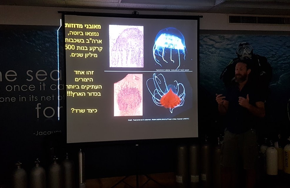 A talk at a diving club, with air tanks in the foreground and a slide about jellyfish fossils