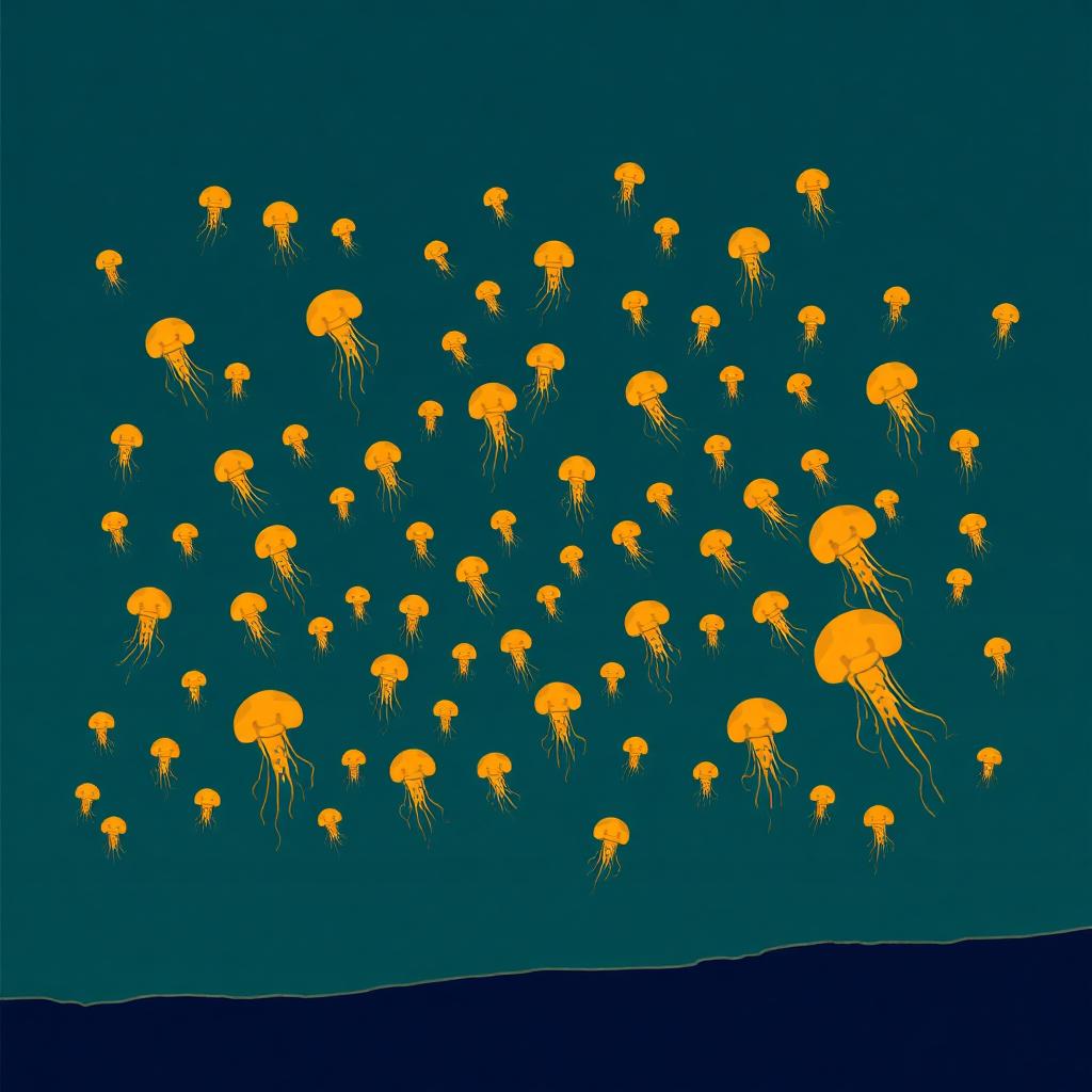 Illustration of many small amber jellyfish scattered like map markers across a dark sea