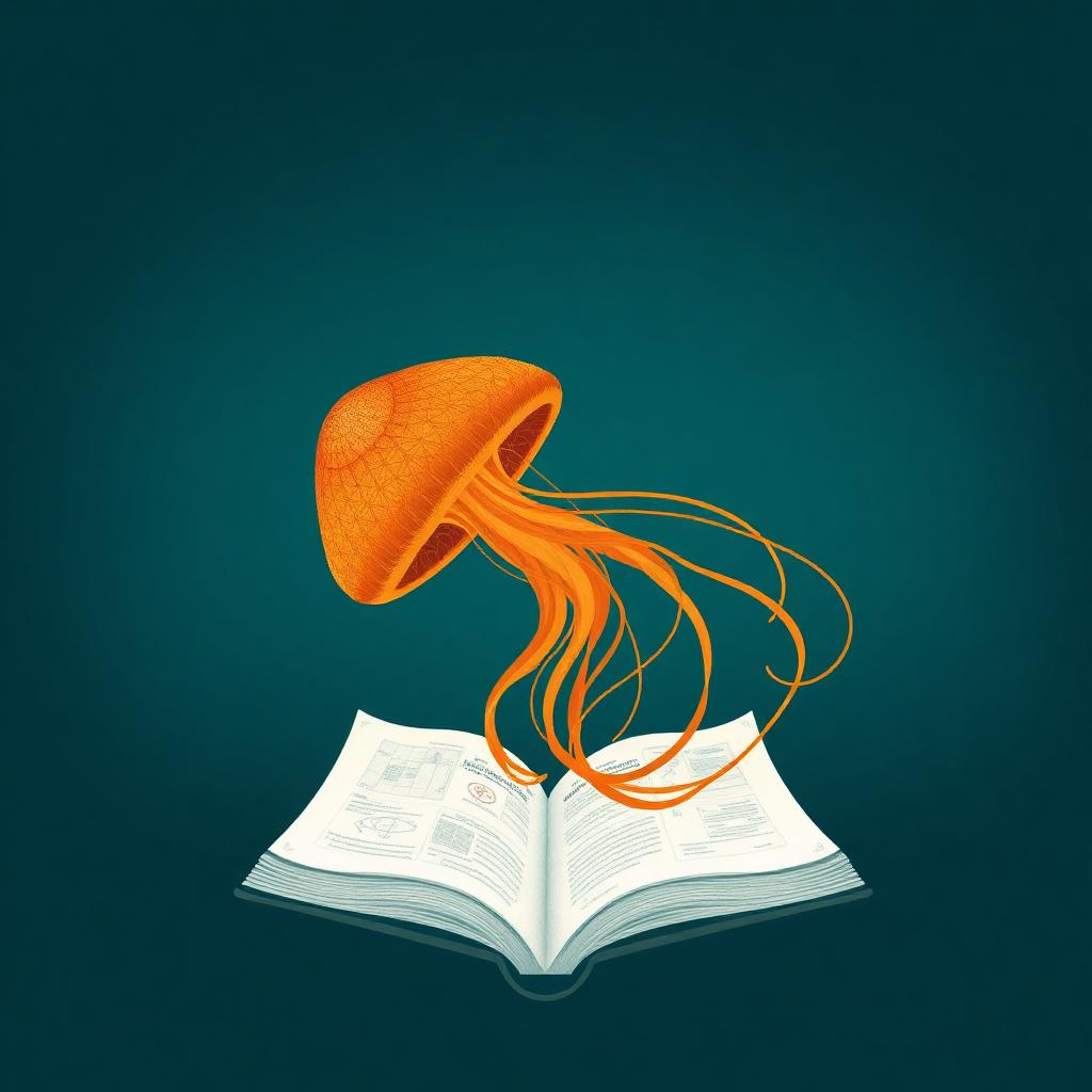 Illustration of a jellyfish rising from an open illustrated book underwater