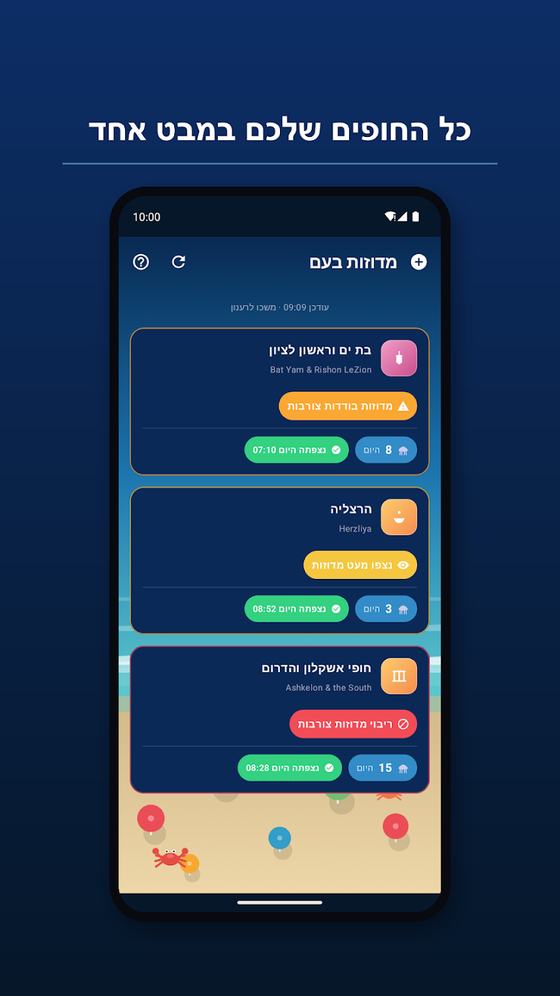Screenshot of the Meduzot Ba'am app showing beach cards with jellyfish status and update times