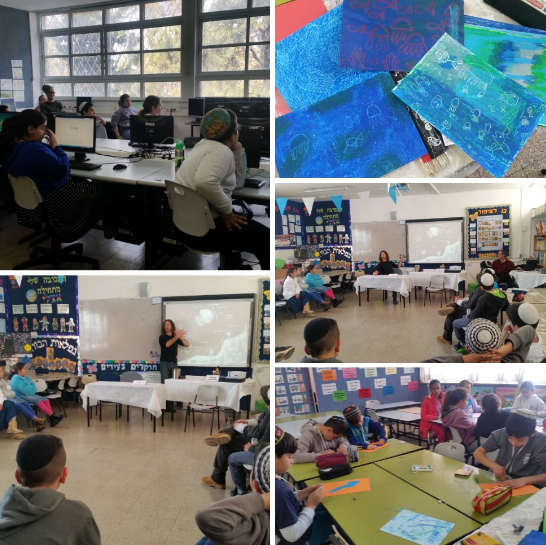 A collage of activities: computer work, pupils' jellyfish artwork, lectures and classroom workshops