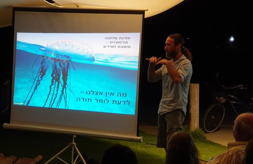 A slide showing a Portuguese man of war at the sea surface during a public lecture